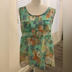 ***Living Doll Floral Empire Waist Top Teal and Multicolor top.